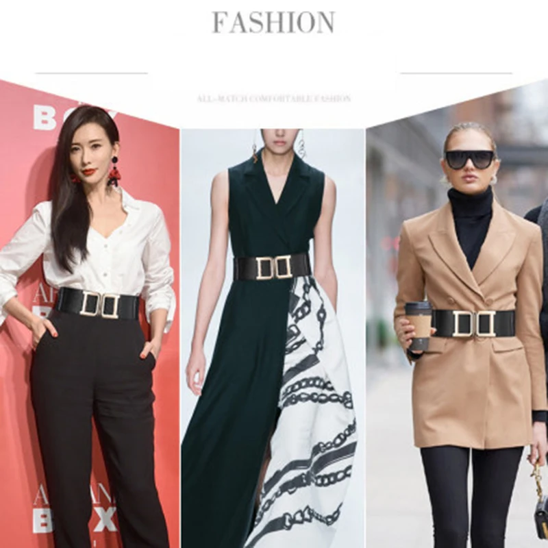 Nuleez Elasticated Cummerbunds Women Double D Letter Fashion Dress Accessory Zinc Alloy Button Decoration
