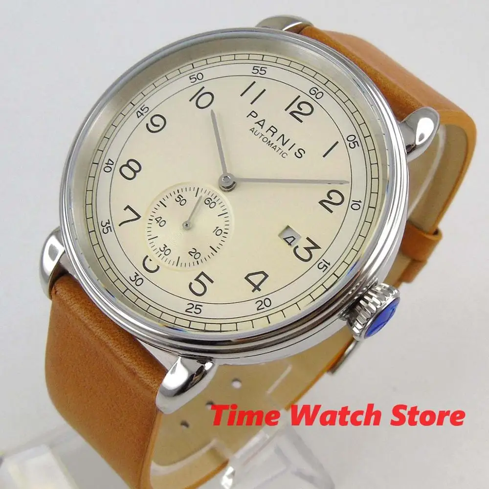 Мужские автоматические часы PARNIS 42 мм водонепроницаемый серебристый чехол с