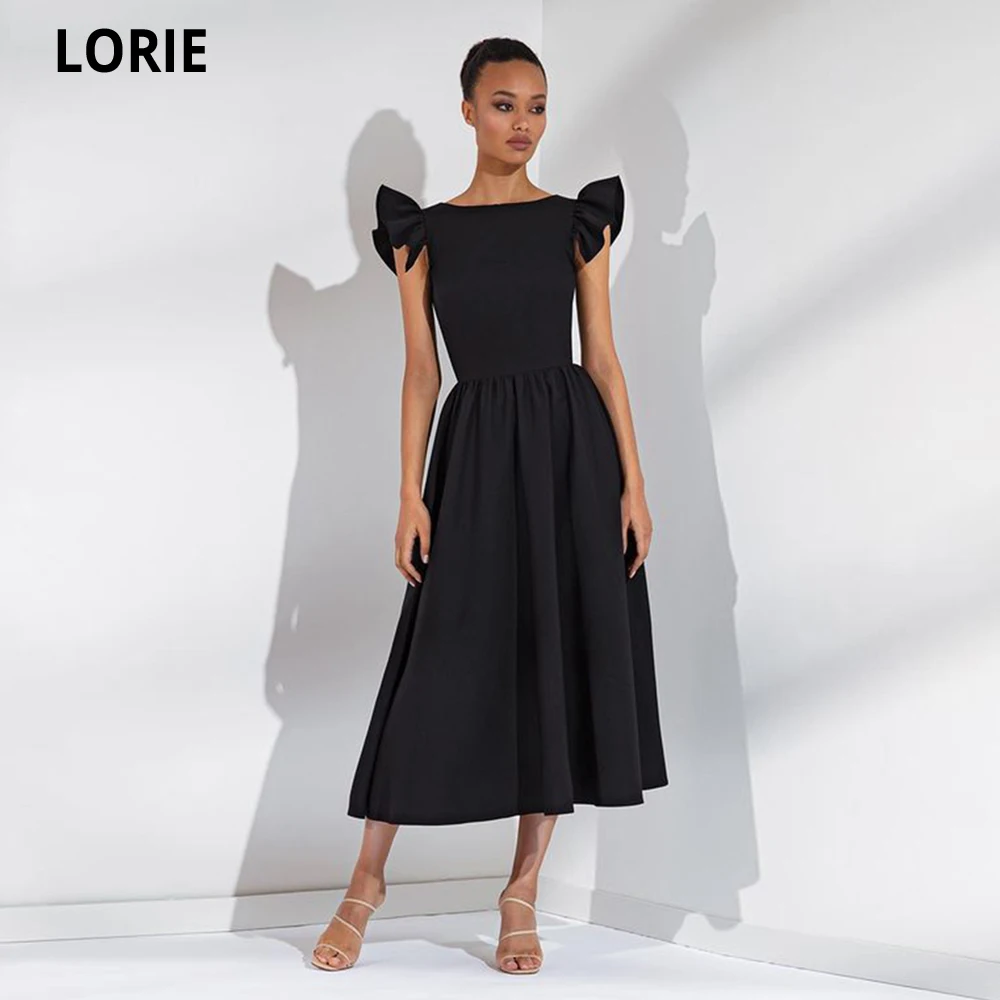 

LORIE Simple Black Short Satin 2022 High Neck Prom Dress Cap Sleeves Formal Evening Party Prom Dresses Gowns Robes De Soirée