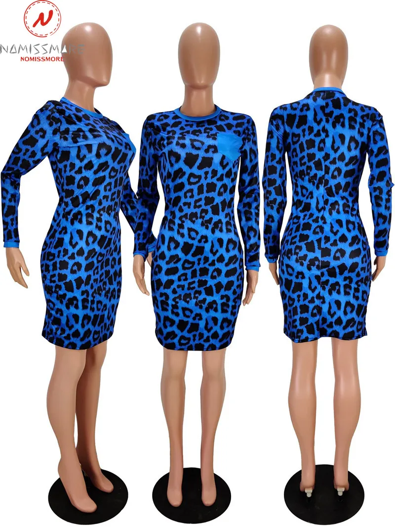 

Fashion Women Spring Autumn Pencil Dress Patchwork Design O-Neck Long Sleeve Mid Waist Leopard Print Slim Hips Mini Dress