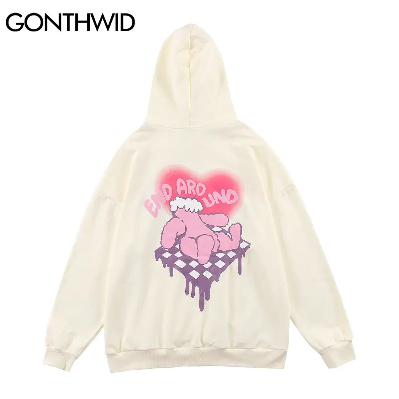 

Свитшот GONTHWID мужской с капюшоном, уличная одежда в стиле Харадзюку, худи свободного покроя в стиле хип-хоп, с мультяшным принтом сердечек и м...