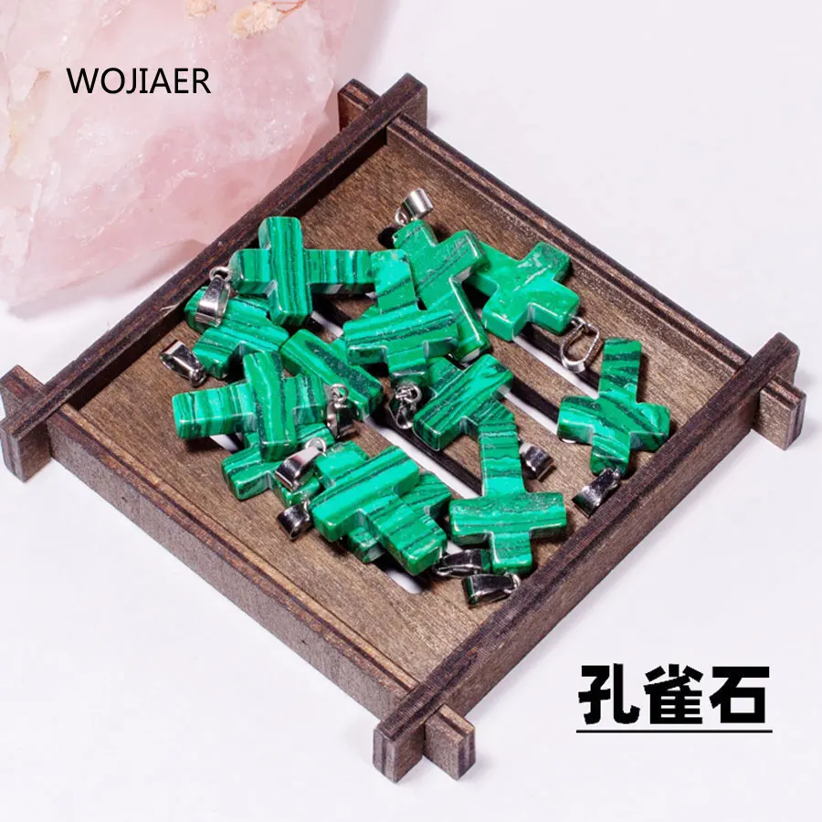 

WOJIAER Stylish Natural Malachite Gem Stone Cross Pendant Pendulum Stone 25x18x6mm Energy Handmade Jewelry 1PCS ZM0496