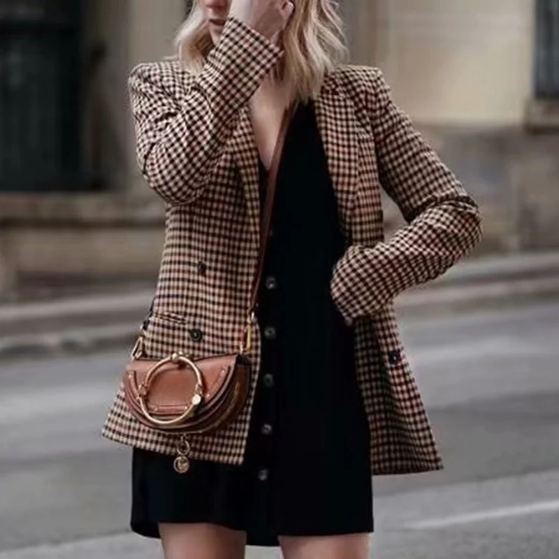 Женский клетчатый Блейзер приталенный двубортный Кардиган с длинным рукавом