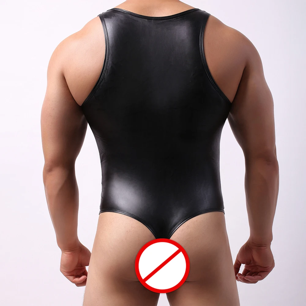 Men'S Faux-Leather Fun Open-Chested Bodysuit Underwear Black Patent Leather Vest Nightclub Outfit Male Sexy Erotic Bodysuits |