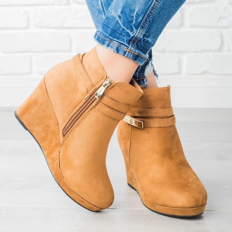 

Puimentiua High Heels Women Ankle Boots Round Toe Lace Up Footwear Warm Platform Female Boot Wedges Shoes Woman Winter Black