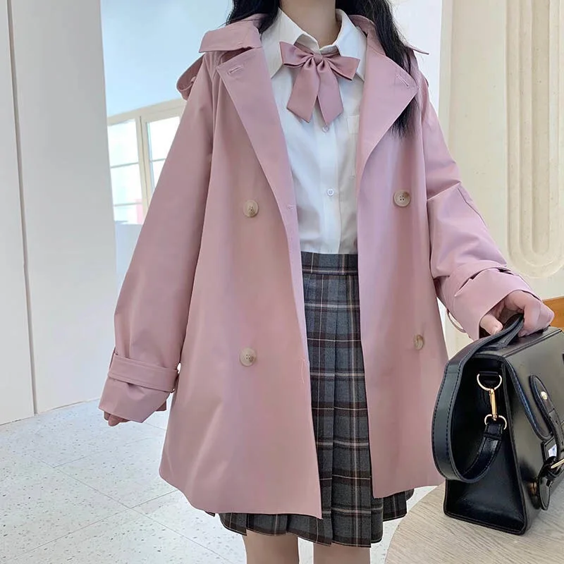 Тренчкот средней длины в стиле Харадзюку двубортное Свободное пальто-поло