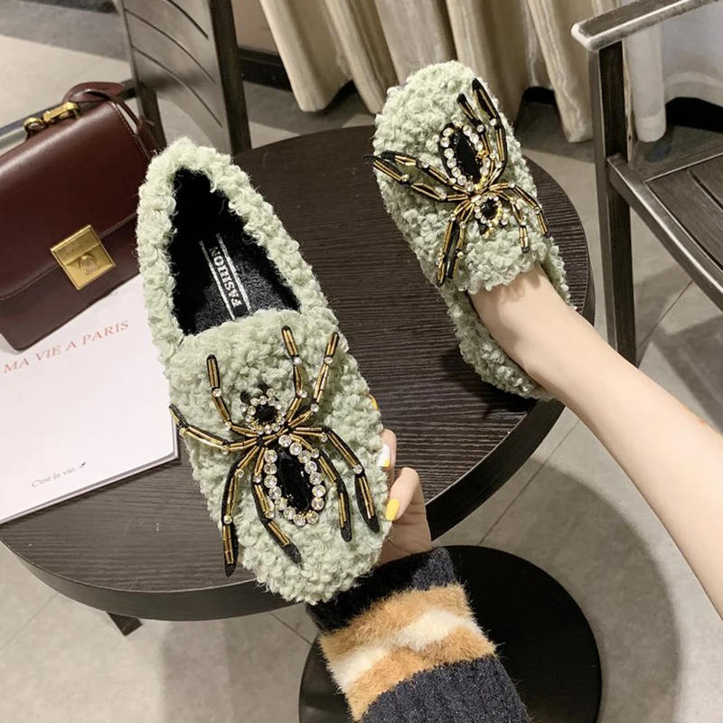 Женские дизайнерские туфли на искусственном меху стразы с металлическим