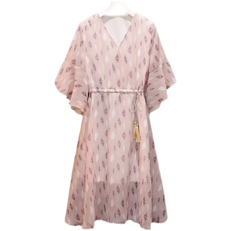 

Plus Size L-4XL Summer Geometric Printed Chiffon Dress For Women Short Sleeves V Neck Elastic Waist Drawstring Female Dresses