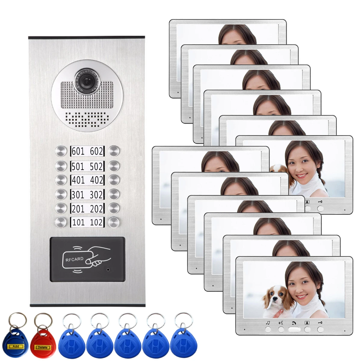 

Wired 7" RFID Video Doorbell Intercom System 4~12 Monitors Screen with Outdoor Camera for Multi Apartments Building
