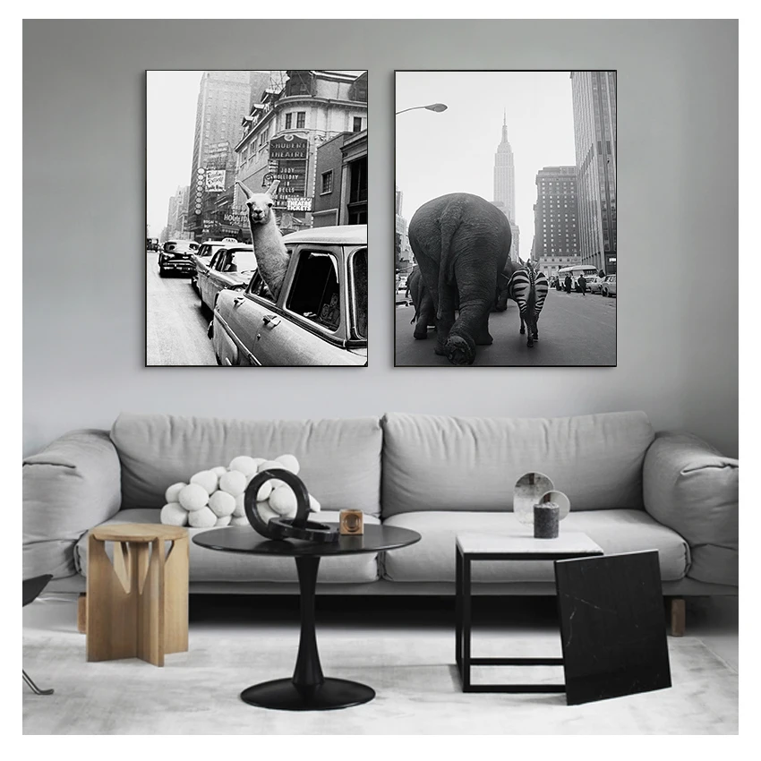 

Canvas Poster Painting Zoo Animals Elephant Zebra in New York City Photo Pictures Print Home Decor Animal Llama Vintage Wall Art