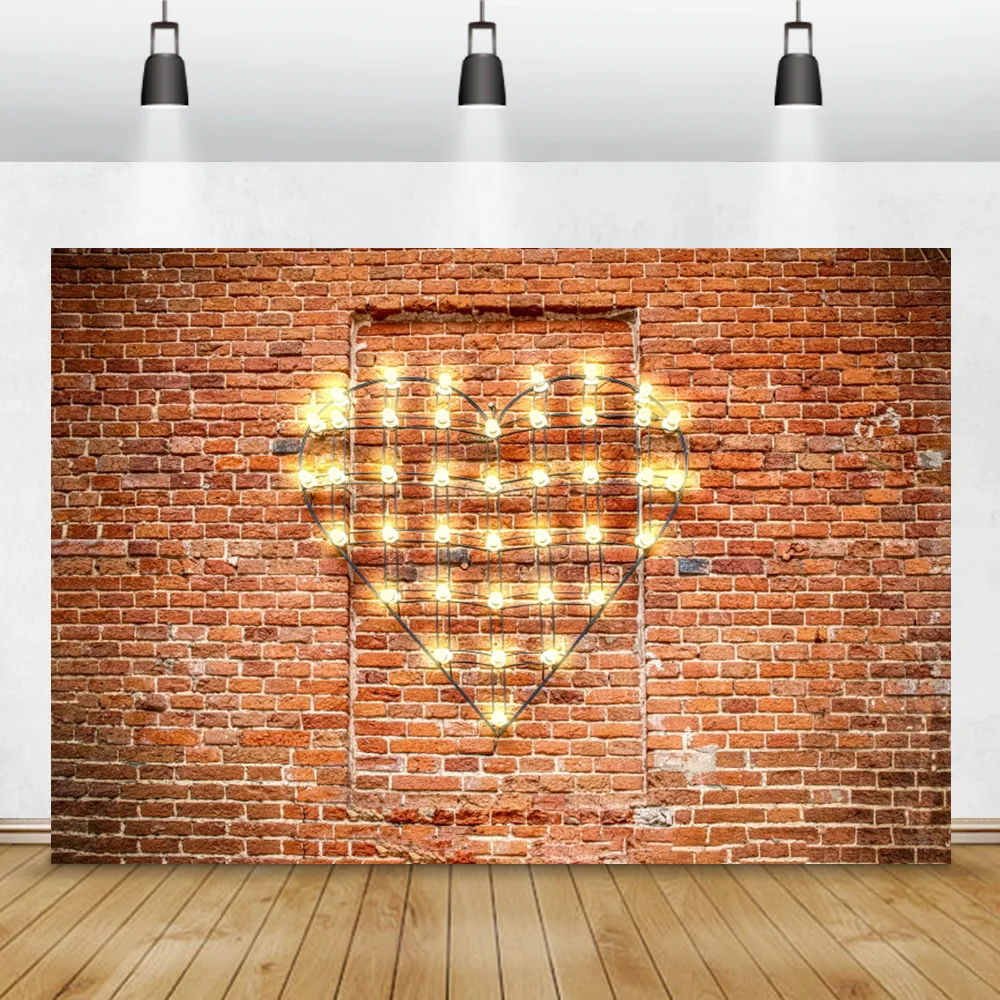 

Old Brick Wall Love Heart Light Bulb Photo Backdrop Valentine's Day Decor Portrait Photocall Banner Family Photograph Background