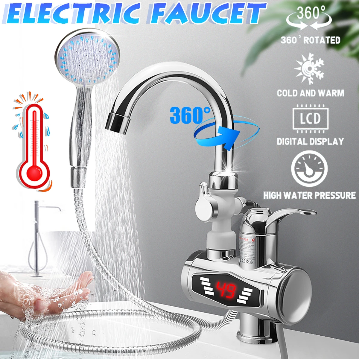 

3000W Stainless Steel Water Heater Faucet Electric Tap With Shower Head 3S Fast Heating Instant Hot Water for Kitchen Bathroom