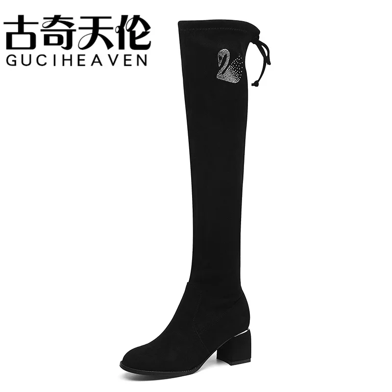 

Ladies Autumn Round Toe Thick Heel Over the Knee Elastic Boots High Heel Thinning Hot Rhinestone Decorative Women