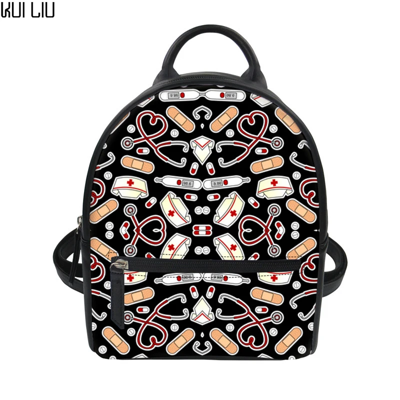 

Kui Liu Cute Cartoon Nurse Print Girls Small Backpack PU Leather Shoulder Mini Rucksack Women Casual String Daypack