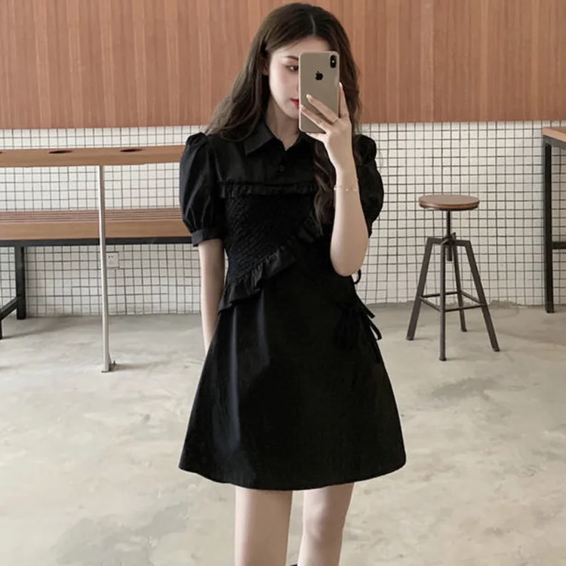 

French Style Puff Sleeve Dress Women 's Design Black Dress 2021 New Summer Tight Waist Slim Looking Graceful