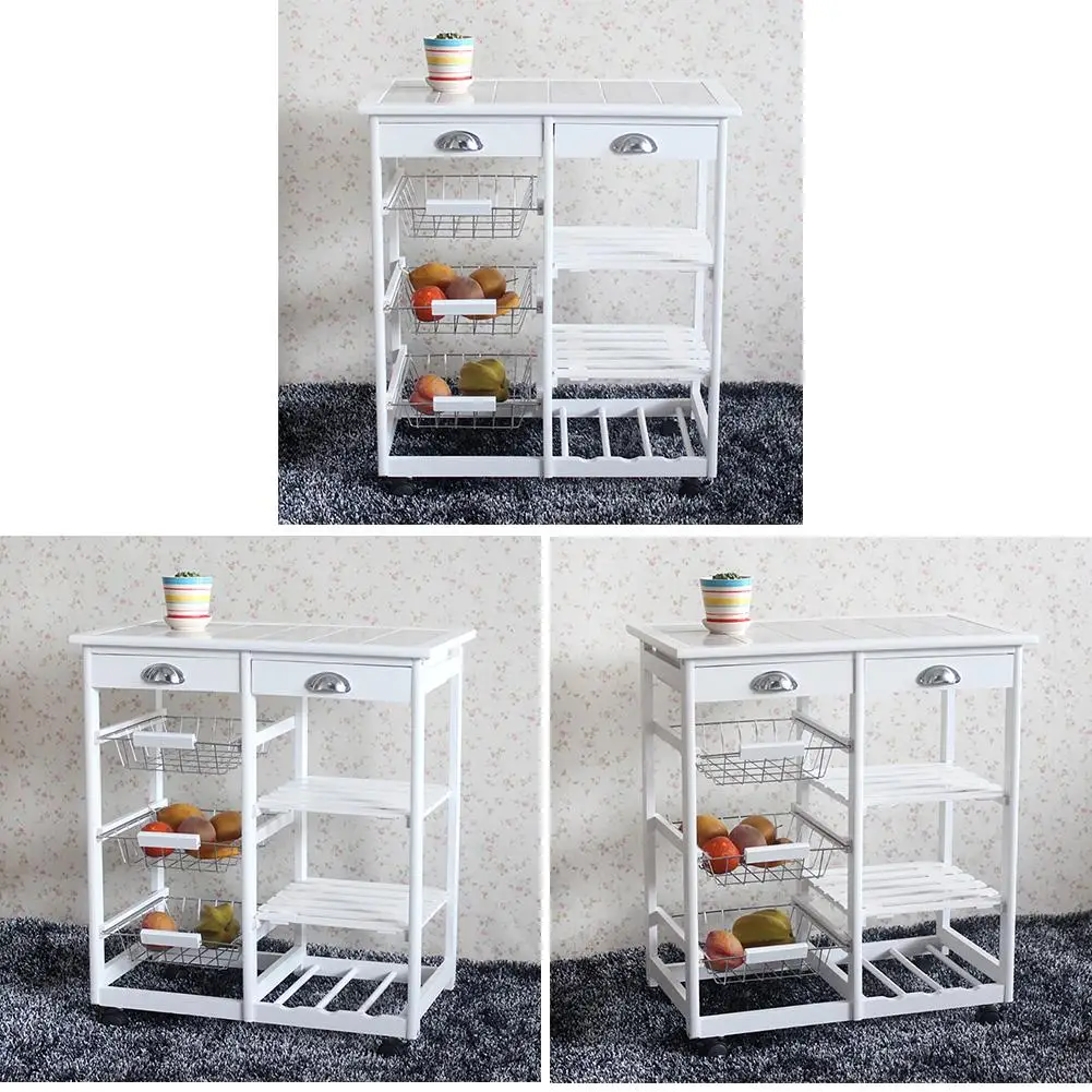 

Kitchen Dining Room Cart 2-Drawer 3-Basket 3-Shelf Storage Rack with Wheels