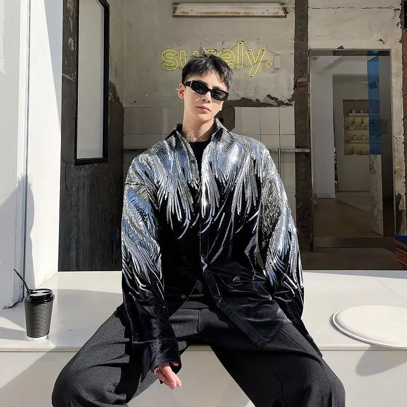 Мужская бархатная футболка с вышивкой и блестками IEFB 2023 модная мужская длинным