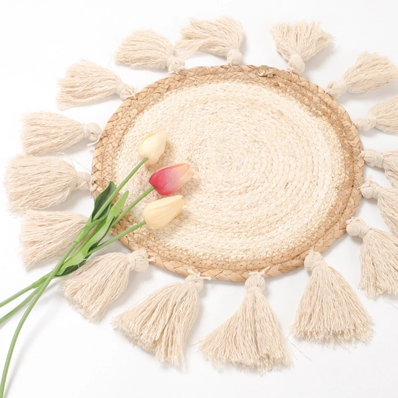 

HX5B Round Multi Tassel Woven Wall Decor Baskets Desktop Anti-scalding Placemat Small Macrame Wall Hanging Boho Wall Art Home