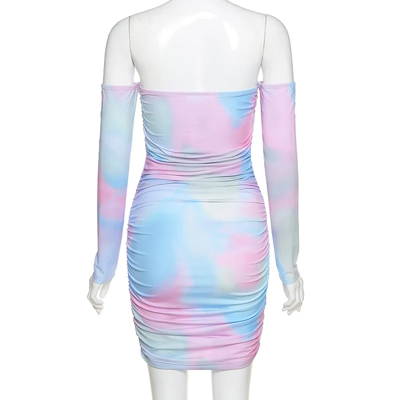 

NORMOV Women Dress Fashion Tie Dye Strapless Long Sleeve Mini Dresses Sexy Bodycon Club Dress Feminina