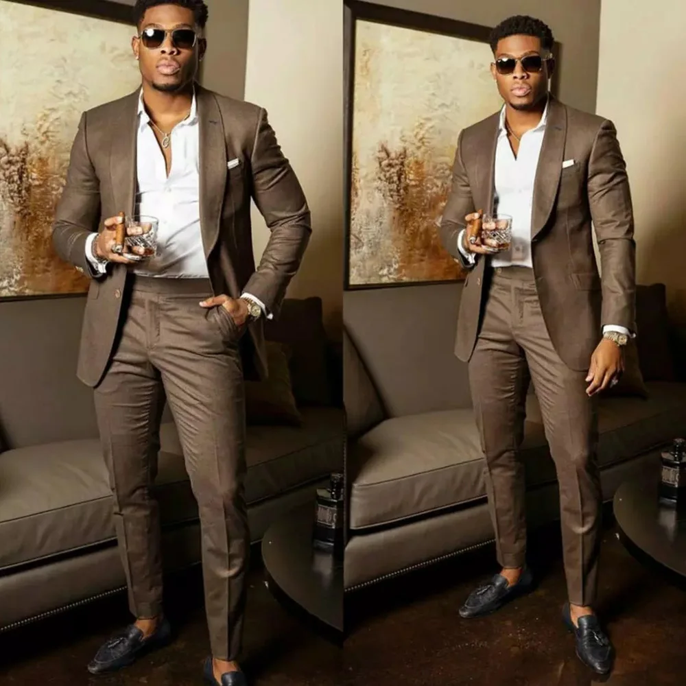 Coffee Brown Slim Fit Men Suits for Wedding Prom 2 Piece Groom Tuxedo Gentlemen Jacket with Pants African Fashion Costume 2022