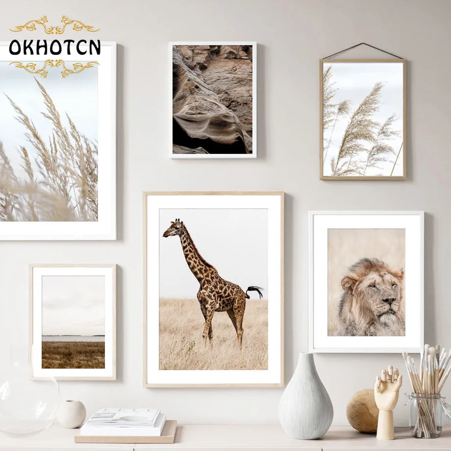 

Home Decoration Lion Giraffe Reed Wild Landscape Wall Art Canvas Painting Nordic Posters And Prints Wall Picture For Living Room