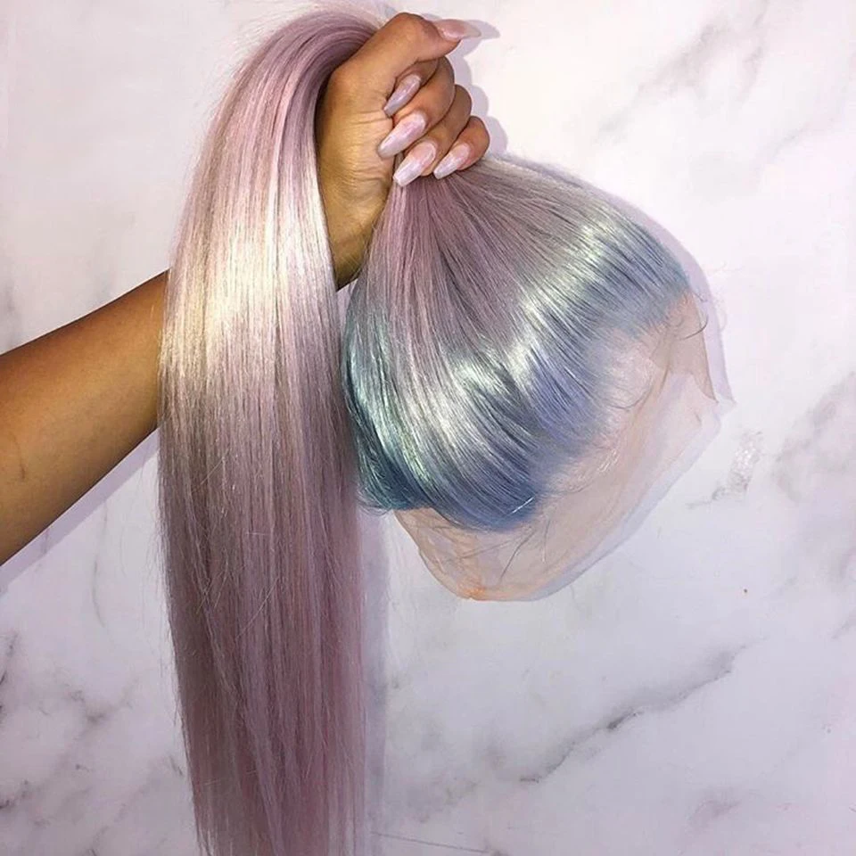 Парик из человеческих волос Омбре розового фиолетового синего цвета для женщин