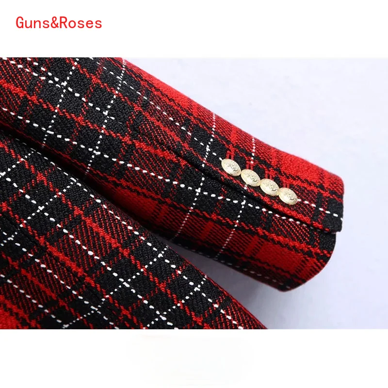 

Women Fashion Double Breasted Check Blazer Coat Vintage Long Sleeve Pockets Female Outerwear Chic Veste Femme