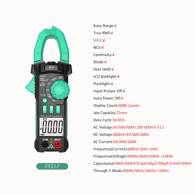 FY217 green Клещи постоянного тока, мультиметр, клещи, Бесконтактный 6000 счетчик, клещи, мультиметр True RMS NCV, мультиметр, Зажим постоянного тока, тестер переменного тока - Цвет: FY217 green