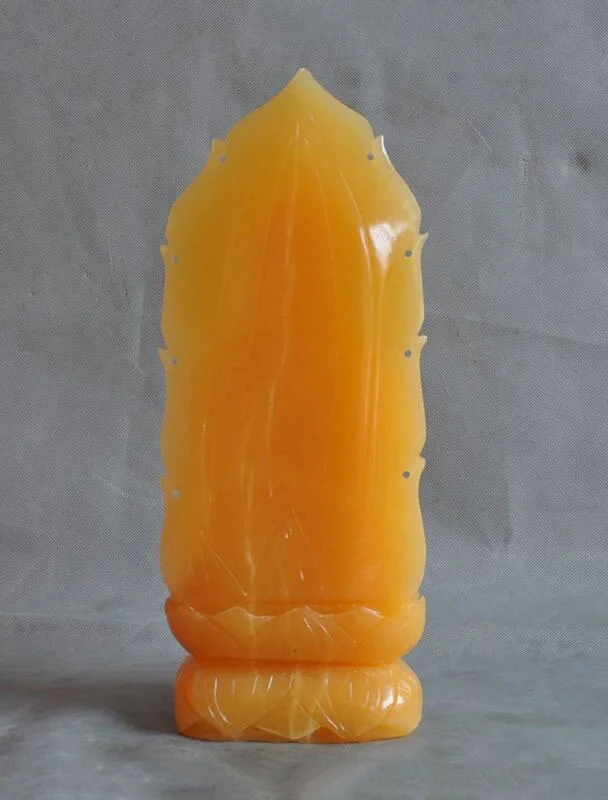 

wedding decoration China natural yellow jade carved sit lotus base Kwan-yin Guan Yin buddha statue