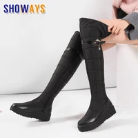 2021 winter women thigh high snow boots genuine leather down fur crystal buckle wedge platform lady over knee zipper long boots