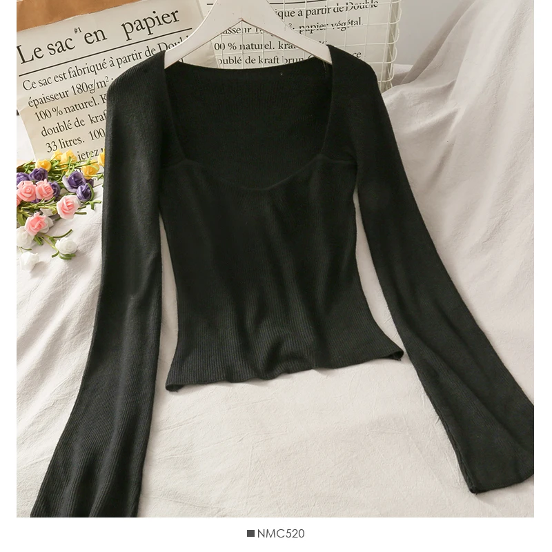 

Women Fashion Slim Bodycon Knitted Low Collar Long Sleeves Blouse Lady Sweet Casual Outdoor Top Girls Elegant Daily Basic Shirt