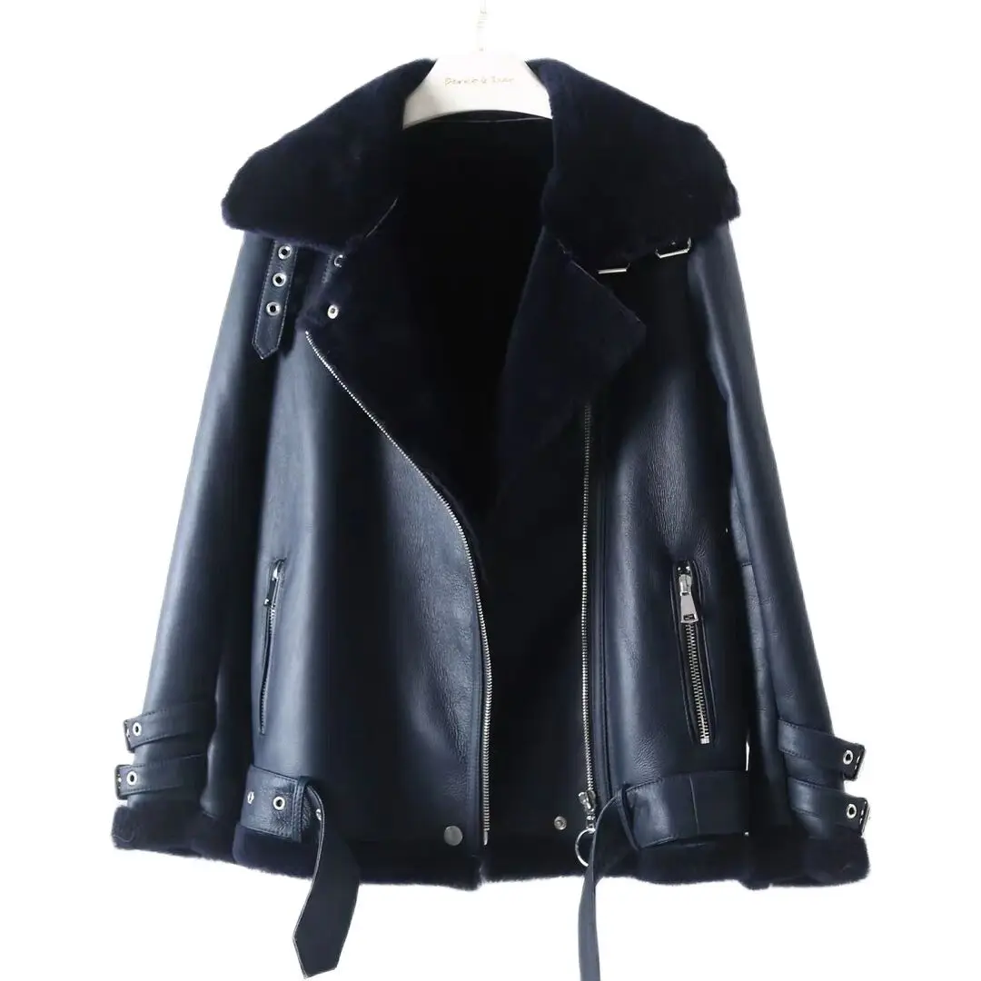 

Европейская коллекция зима 2021, роскошное мотоциклетное пальто средней длины из натуральной овечьей шкуры, шерстяное пальто из натуральной ...