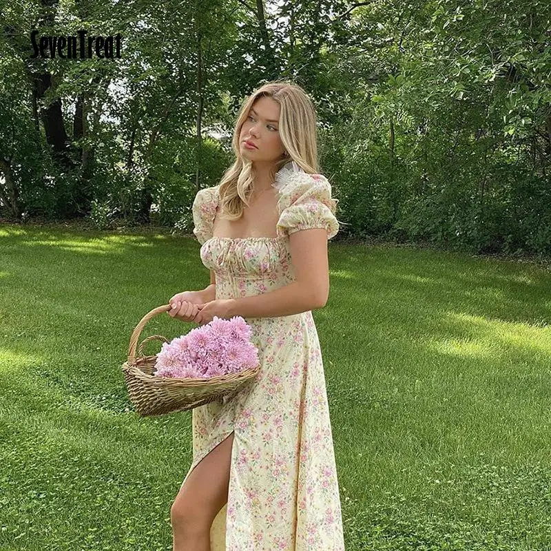 

Summer Dress Women Short Puff Sleeve Flroal Printed Ruched Party High Split Long Maxi Dresses Drawstring Sexy Vestidos Sundress