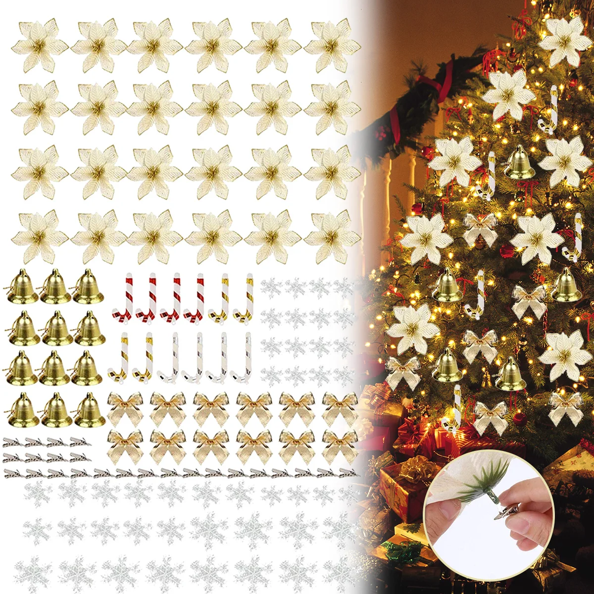 

120 шт. рождественские блестящие искусственные цветы, подвесные украшения для рождественской елки со снежинками, колокольчиками, для дома и ...