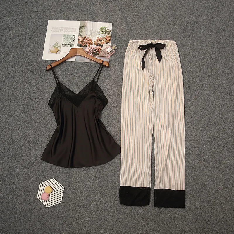 

Sexy Women Pajamas Set 2PCS Strap Top&Pants Satin Nightwear Lace Sleepwear Silky Soft Pijamas Loose Homewear 2021 New