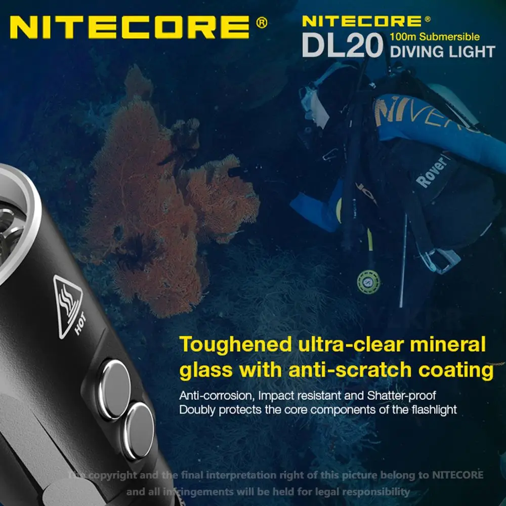 Подводный фонарик для дайвинга NITECORE DL20 1000 люмен 100 метров с использованием CREE XP-L HI