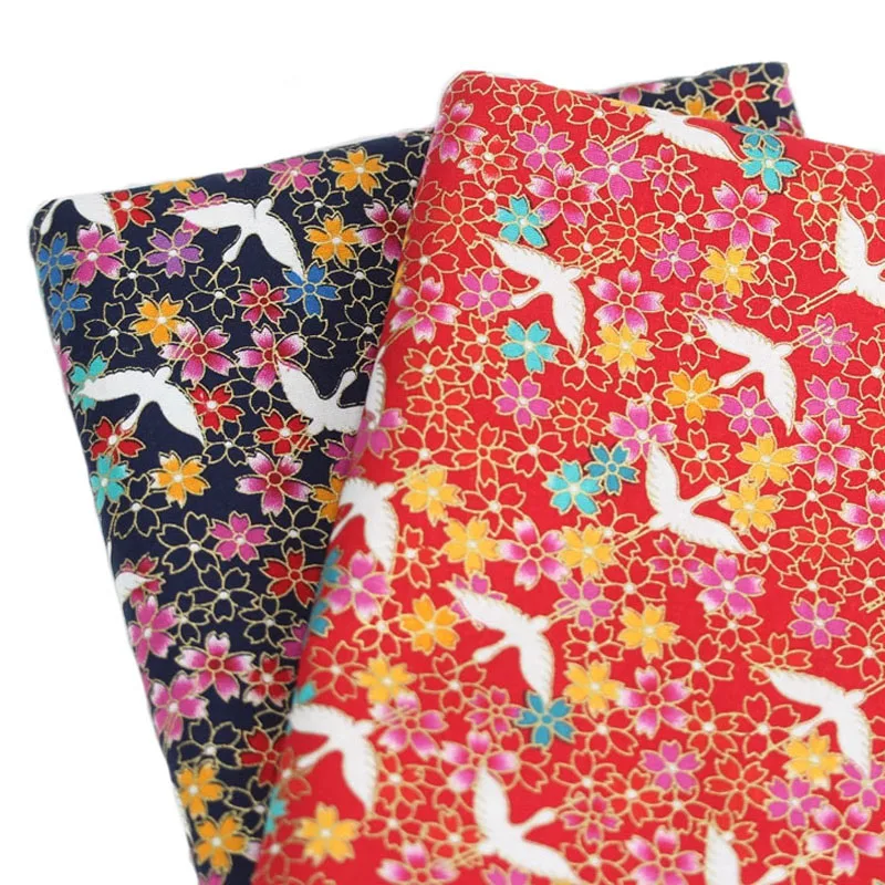 

NAVY RED Japanese Style Yellow Blue Cherry Blossom Flower Crane 100% Cotton Bronzed Fabric for Craft Quilt Handwork Decor Bag