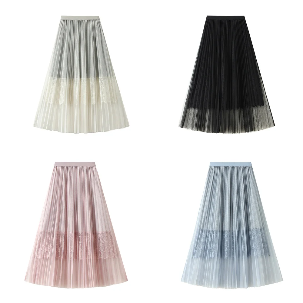 

Hot Sale Women Pleated Midi Tulle Skirts, Casual High Waist Solid Colorful Layer A-Line Skirt Women Casual Style Gauze Ropa