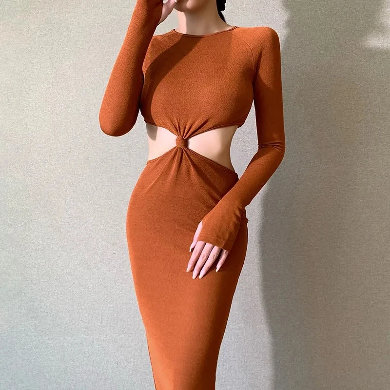 

S Unique Long Sleeve Party Dresses Women Button Knitted Ankle-Length O-Neck Skinny Autumn Sexy Dresses Women Sexy kink dress