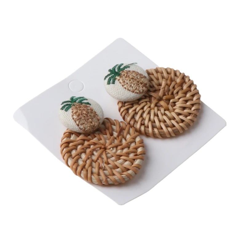 

Wooden Straw Weave Rattan Earrings Big Round Studs Pineapple Earrings Jewelry