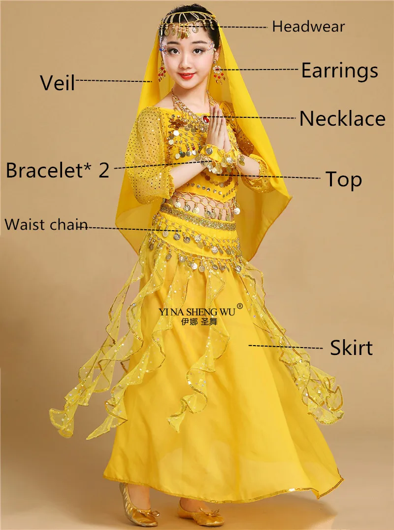 Yellow 8pcs Детские костюмы для танца живота, индийские Детские костюмы для танца живота, одежда для восточных танцев для девочек, индийский комплект для выступлений в Болливуде, танец живота - Цвет: Yellow 8pcs