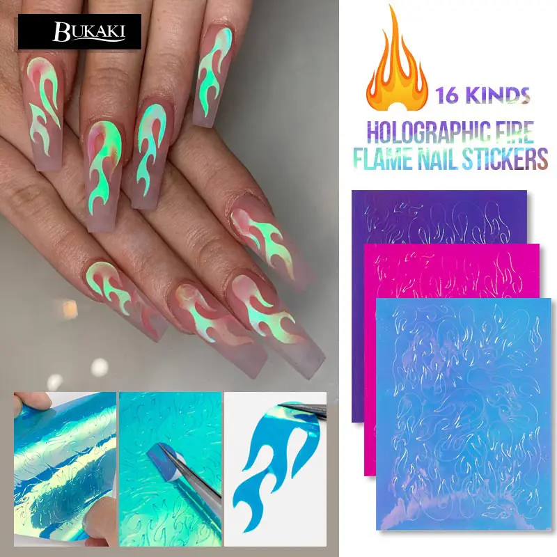 BUKAKI серебро пламя ногтей голографическая Strip16PCS DIY тонкая Лазерная пленка для ногтей стикер красочный 3D дизайн ногтей