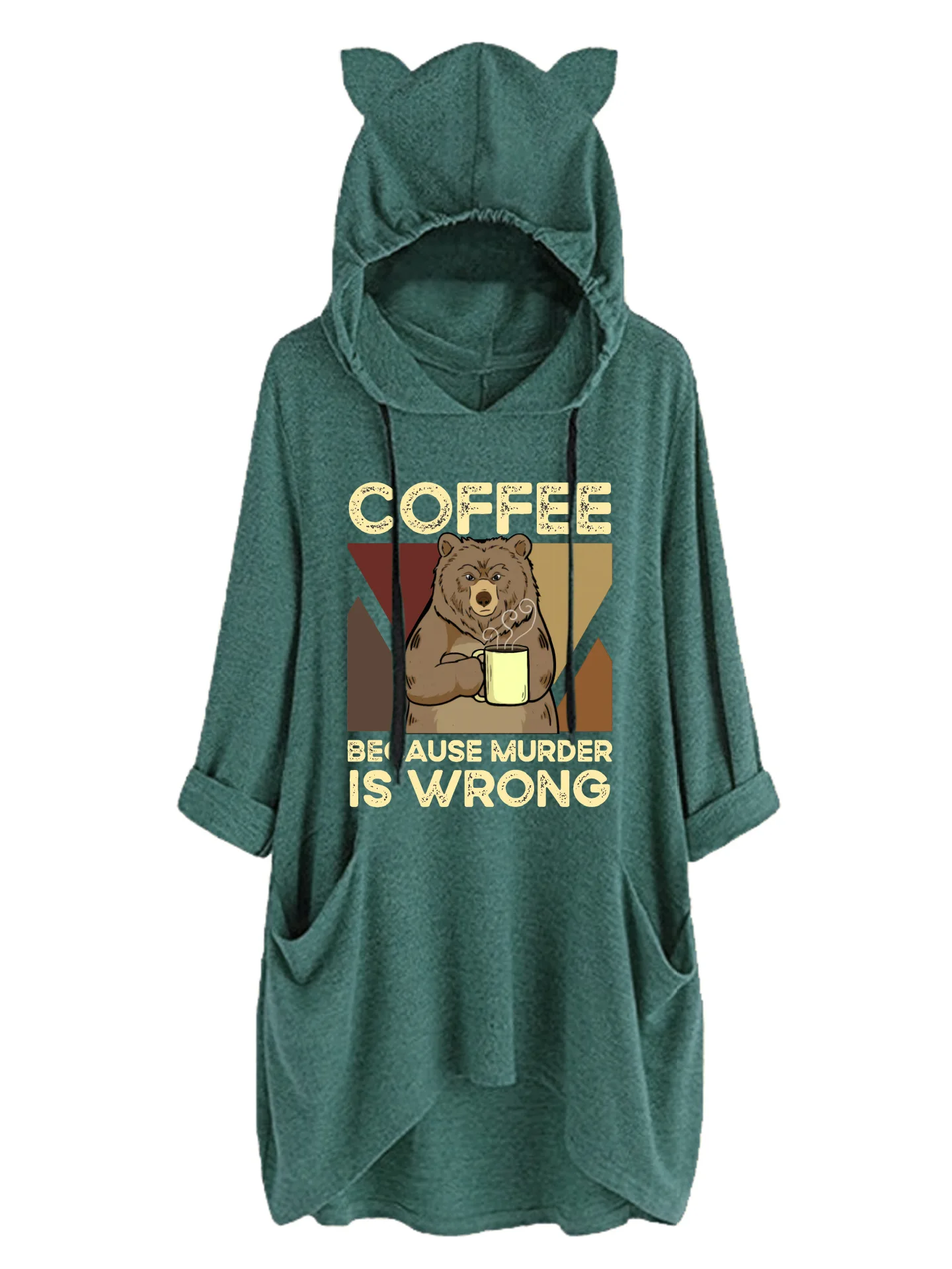 

2022 Autumn Women Bear Coffee Graphic Murder Is Wrong Printed Drawstring Cat Ear Hoodie Pocket Oversize Sweatshirt Pullover Cute