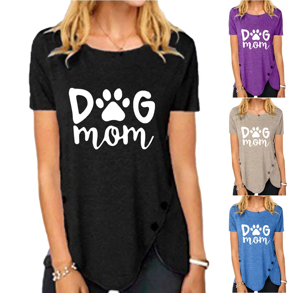 

VICABO Women O Neck Short Sleeve Button Letter Printed Tunic T Shirt Fashion Casual Loose Plus Size Irregular Pullover Tops