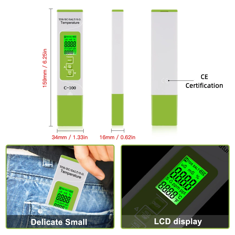 

Digital Water Quality Tester for Pools, Drinking Water, Aquariums TDS/EC/SALT/S.G/TEMP Meter Portable water quality test meter