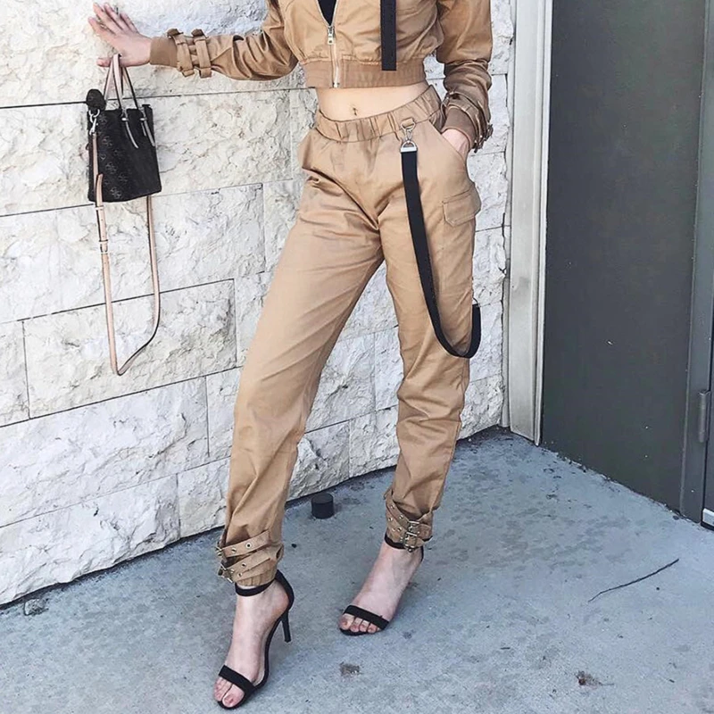 

High Waist Pants Women Jogger Pants Highstreet Style New Spring Female Side Ribbon Cargo Pants Buckle Casual Fashion Sweatpants