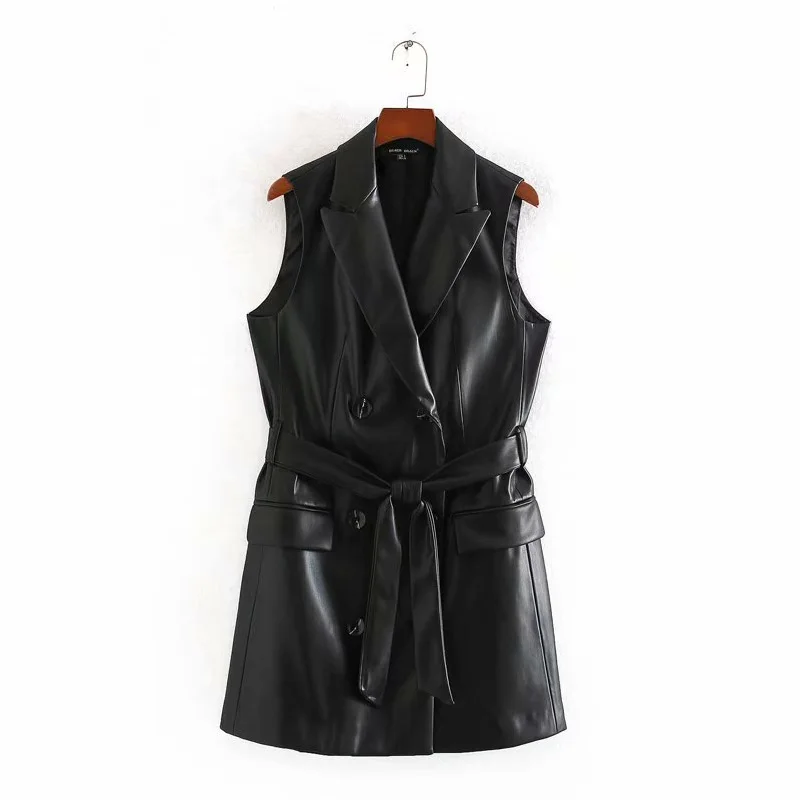 

EAYUCU Vintage Black Faux Leather Vest Dress Women 2020 New Sleeveless Sashes Turn Down Collar Mini Female Chic Dresses D433