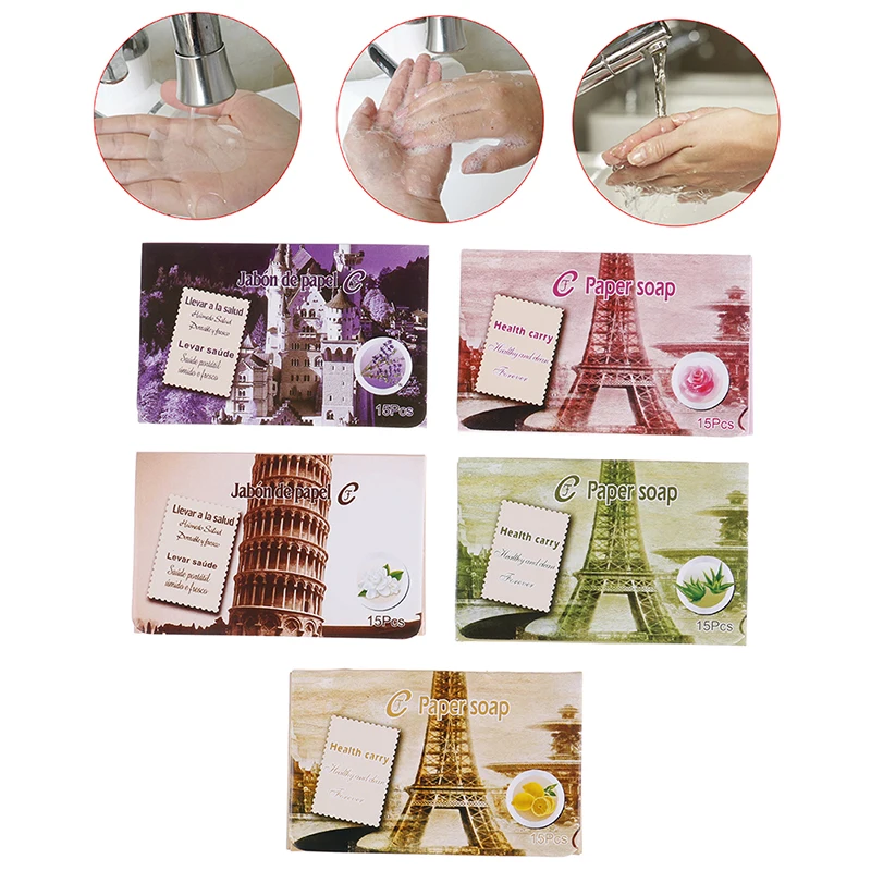 

15PCS/Box Paper Cleaning Soaps Portable Hand Wash Soap Papers Scented Slice Washing Hand Bath Travel Scented Foaming Small Soap