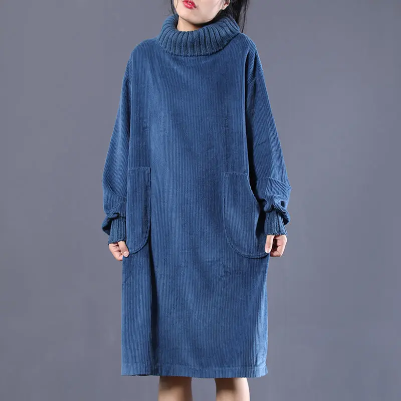 

New Women Dress Long Sleeve Baggy Vintage Corduroy Turtleneck Cheongsam Office Elegant Temperament Long Skirt 2021 Autumn Winter