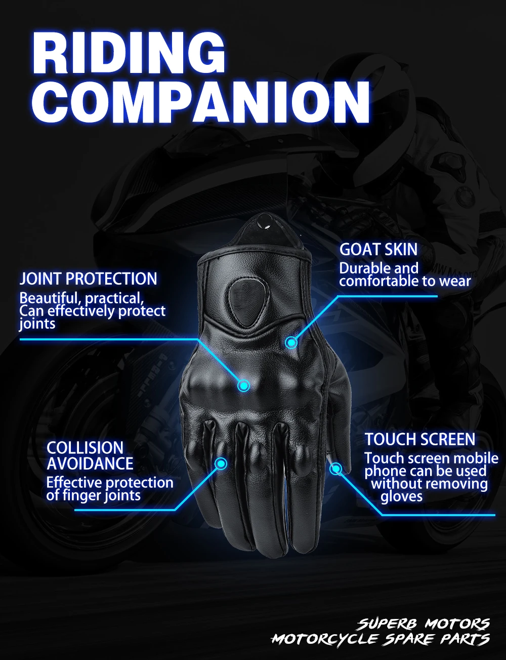 Retro Perforated Real Leather Motorcycle Gloves Moto Waterproof Winter Warm Gloves Motocross Motorcycle Protective Gears